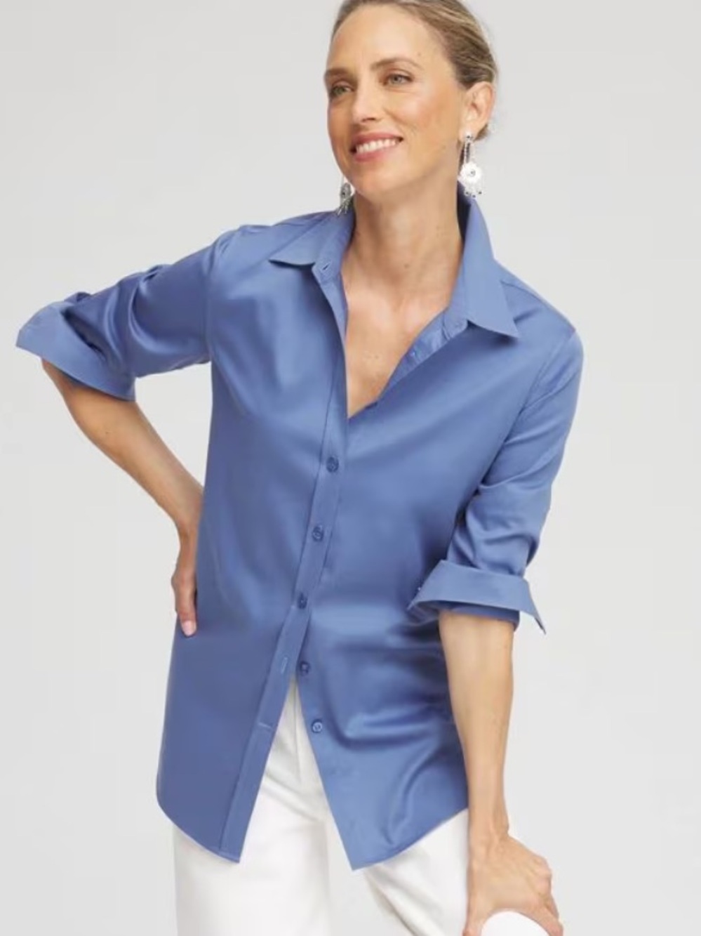 Chico's No Iron Periwinkle Button-Down Sateen Shirt Workwear Office Collared